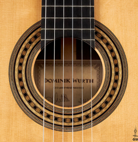 The rosette of a 2022 Dominik Wurth "Torres" classical guitar with Tornavoz SP/IN