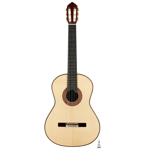 The front of a 2024 Gao Yi classical guitar made of spruce and CSA rosewood