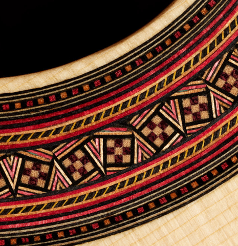 Detail of the rosette of a 2024 Gao Yi classical guitar made of spruce and CSA rosewood