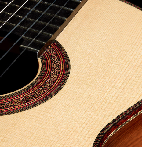The soundboard of a 2024 Gao Yi classical guitar made of spruce and CSA rosewood