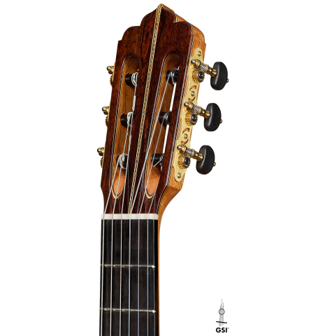 The headstock of a 2026 Fructuoso Zalapa "Romanillos" classical guitar made of spruce and cocobolo