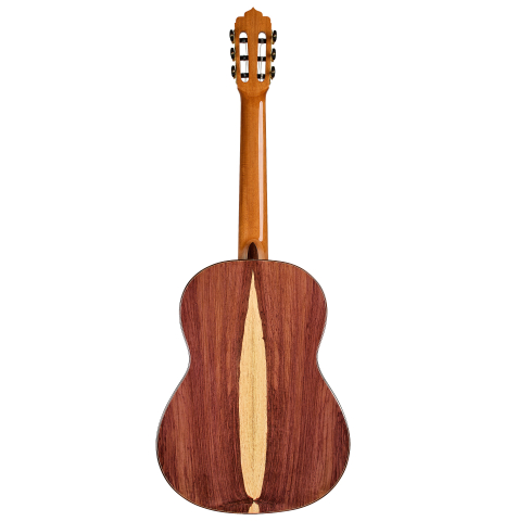The back of a 2026 Fructuoso Zalapa "Romanillos" classical guitar made of spruce and Kingwood