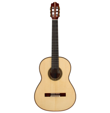 The front of a 2026 Fructuoso Zalapa "Romanillos" classical guitar made of spruce and Kingwood