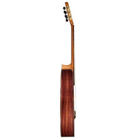 The side of a 2026 Fructuoso Zalapa "Romanillos" classical guitar made of spruce and Kingwood