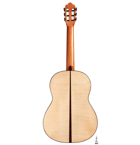 The back of a 2022 Fructuoso Zalapa "Romanillos" classical guitar made of spruce and maple