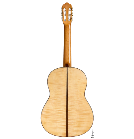 The back of a 2025 Fructuoso Zalapa "Romanillos" classical guitar made of spruce and maple