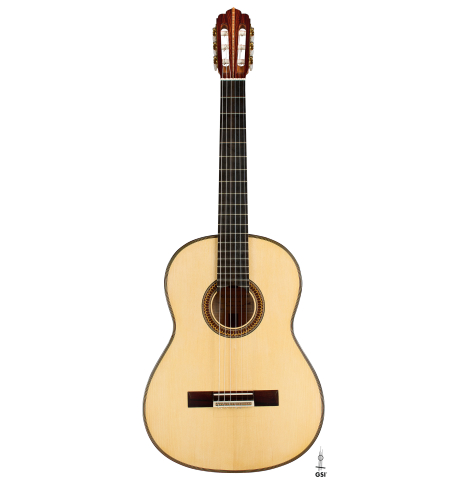 The front of a 2025 Fructuoso Zalapa "Romanillos" classical guitar made of spruce and maple
