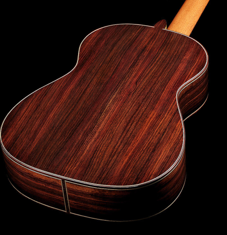 The back and sides of a 2024 Silvia Zanchi classical guitar made of spruce and Indian rosewood