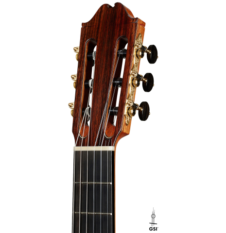 The headstock of a 2024 Silvia Zanchi classical guitar made of spruce and Indian rosewood