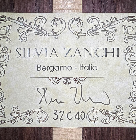 The label of a 2024 Silvia Zanchi classical guitar made of spruce and Indian rosewood