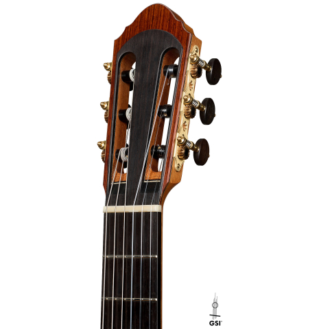 The headstock of a 2025 Antonio Zwirn classical guitar made of spruce and cocobolo