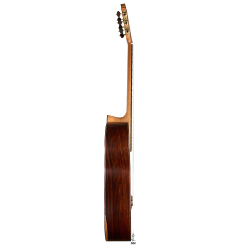 The side of a 2025 Antonio Zwirn classical guitar made of spruce and cocobolo