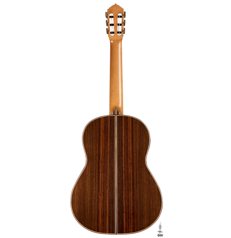 The back of a 2025 Colin van Aelbrouck "Negra" flamenco guitar made of cedar and Indian rosewood