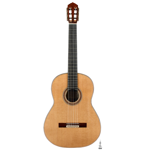 The front of a 2025 Colin van Aelbrouck "Negra" flamenco guitar made of cedar and Indian rosewood