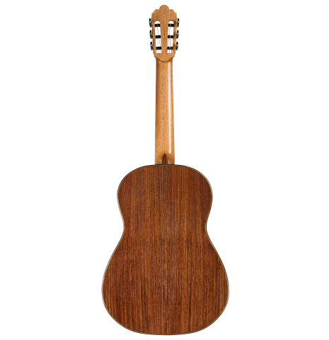 The back of a 2025 Manuel Arango "Negra" flamenco guitar made of spruce and Indian rosewood