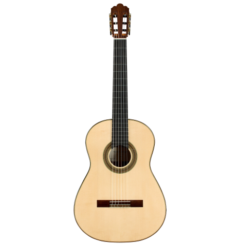 The front of a 2025 Manuel Arango "Negra" flamenco guitar made of spruce and Indian rosewood
