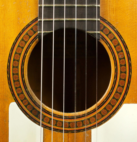 The rosette of a 1950 Marcelo Barbero (ex Manolo Sanlucar) flamenco guitar made of spruce and cypress
