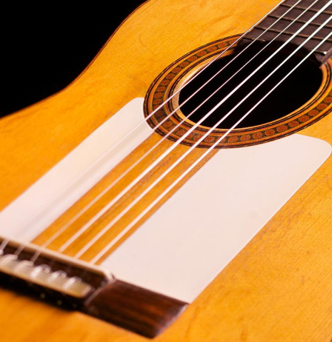 The soundboard with tap plates of a 1950 Marcelo Barbero (ex Manolo Sanlucar) flamenco guitar made of spruce and cypress