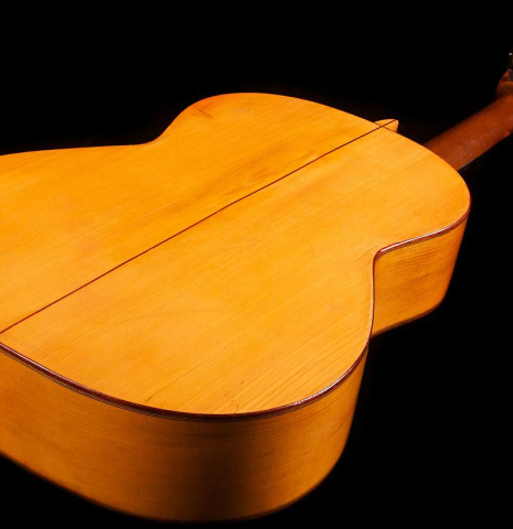The back of a 1950 Marcelo Barbero (ex Manolo Sanlucar) flamenco guitar made of spruce and cypress