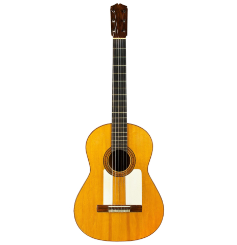 The front of a 1950 Marcelo Barbero (ex Manolo Sanlucar) flamenco guitar made of spruce and cypress