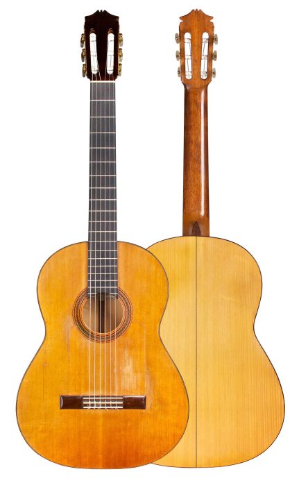 Front and back of a 1955 Marcelo Barbero flamenco guitar, spruce and cypress