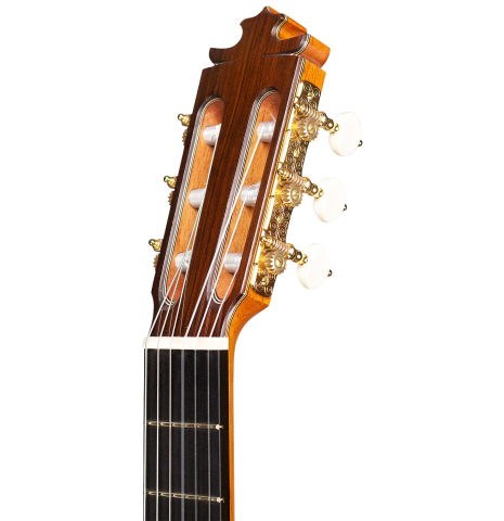 The headstock of a 2015 Francisco Barba flamenco guitar made with spruce and cypress