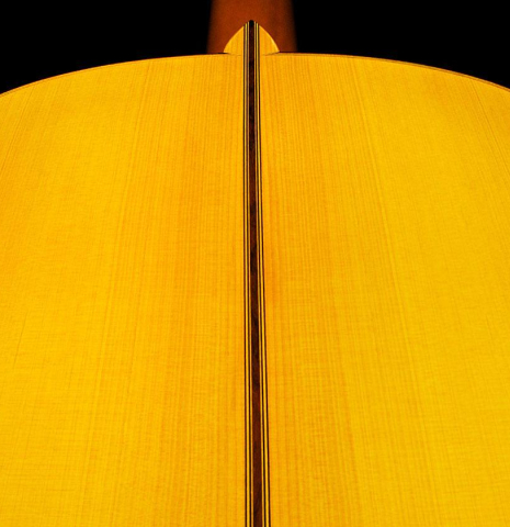 The back of a 2015 Francisco Barba flamenco guitar made with spruce and cypress