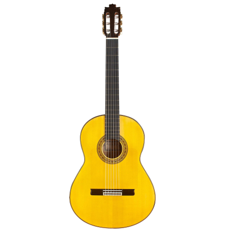 The front of a 2015 Francisco Barba flamenco guitar made with spruce and cypress