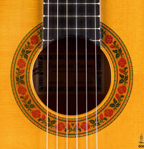 The rosette of a 2007 Francisco Barba flamenco guitar made of spruce and cypress