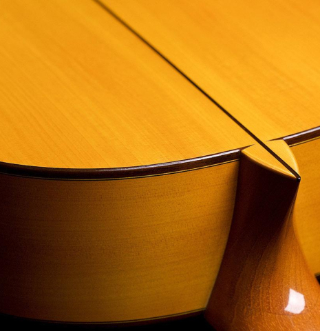 The back, sides and heel of a 2007 Francisco Barba flamenco guitar made of spruce and cypress