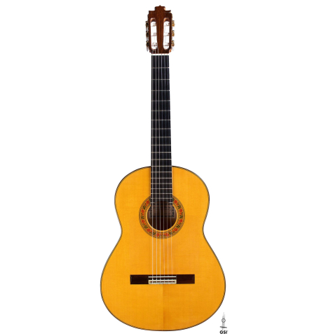 The front of a 2007 Francisco Barba flamenco guitar made of spruce and cypress