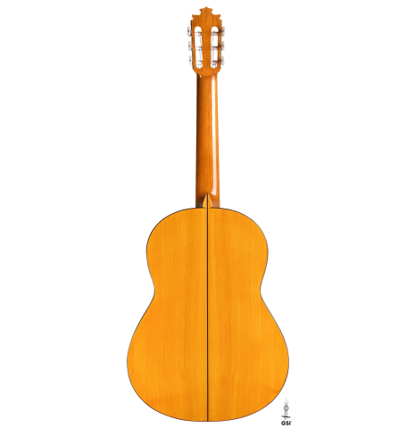 The back of a 2007 Francisco Barba flamenco guitar made of spruce and cypress