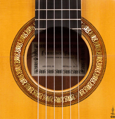 The rosette of a 2016 Francisco Barba CD/MH Flamenco guitar made with cedar top and mahogany back and sides