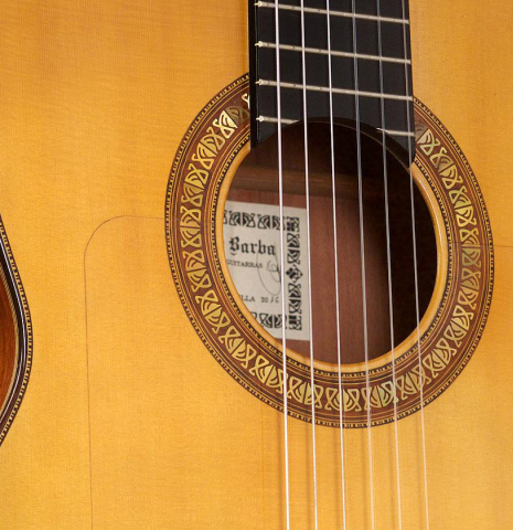The top, rosette and sides of a 2016 Francisco Barba CD/MH Flamenco guitar made with cedar top and mahogany back and sides