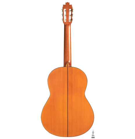 The back of a 2007 Francisco Barba flamenco guitar made with cedar and cypress