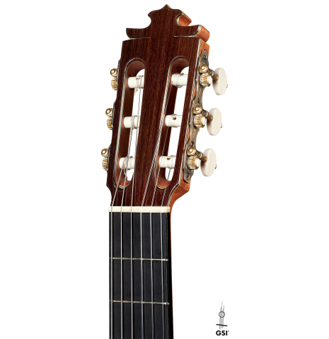 The headstock of a 2007 Francisco Barba flamenco guitar made with cedar and cypress