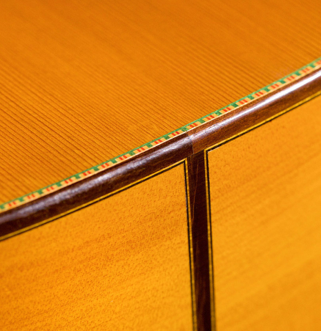 The lower bout of a 2007 Francisco Barba flamenco guitar made with cedar and cypress