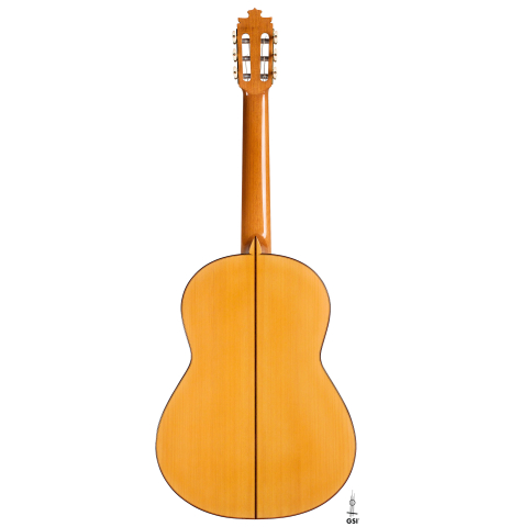 The back of a 2022 Francisco Barba flamenco guitar made of cedar and cypress
