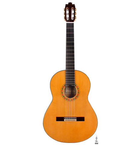 The front of a 2022 Francisco Barba flamenco guitar made of cedar and cypress