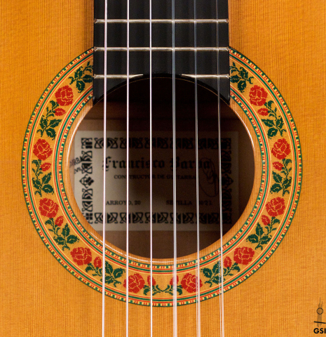 The rosette of a 2022 Francisco Barba flamenco guitar made of cedar and cypress