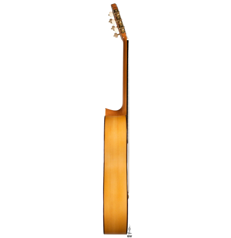 The side of a 2022 Francisco Barba flamenco guitar made of cedar and cypress