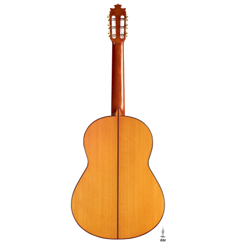 The back of a 2015 Francisco Barba flamenco blanca guitar made of spruce and cypress.