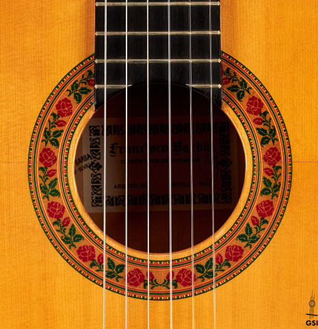 The rosette of a 2015 Francisco Barba flamenco blanca guitar made of spruce and cypress.