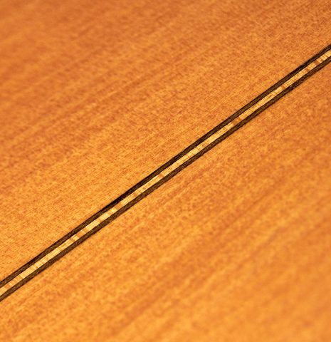 A close-up of the back of a 1950 Marcelo Barbero flamenco guitar with traditional pegs made of spruce and cypress