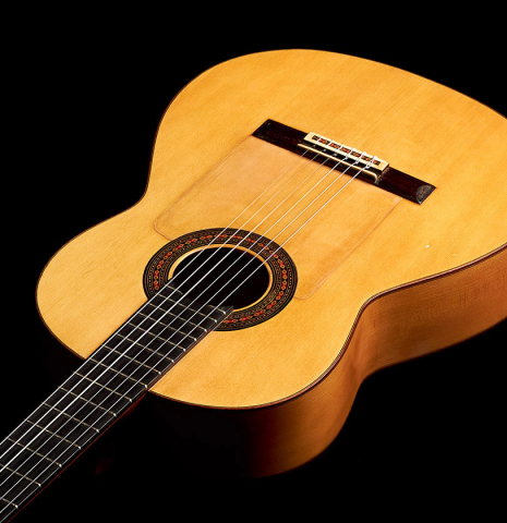 The front of a 1962 Marcelo Barbero (Hijo) flamenco guitar made of spruce and cypress