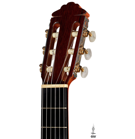 The headstock of a 1962 Marcelo Barbero (Hijo) flamenco guitar made of spruce and cypress