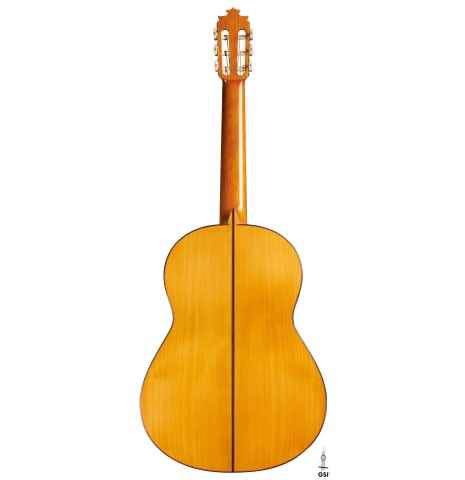 The back of a 1987 Francisco Barba flamenco guitar made of spruce and cypress