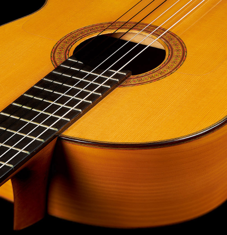 The top and sides of a 1987 Francisco Barba flamenco guitar made of spruce and cypress