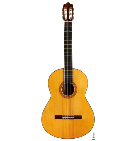 The front of a 1987 Francisco Barba flamenco guitar made of spruce and cypress