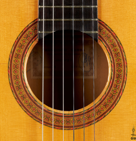 The rosette of a 1987 Francisco Barba flamenco guitar made of spruce and cypress